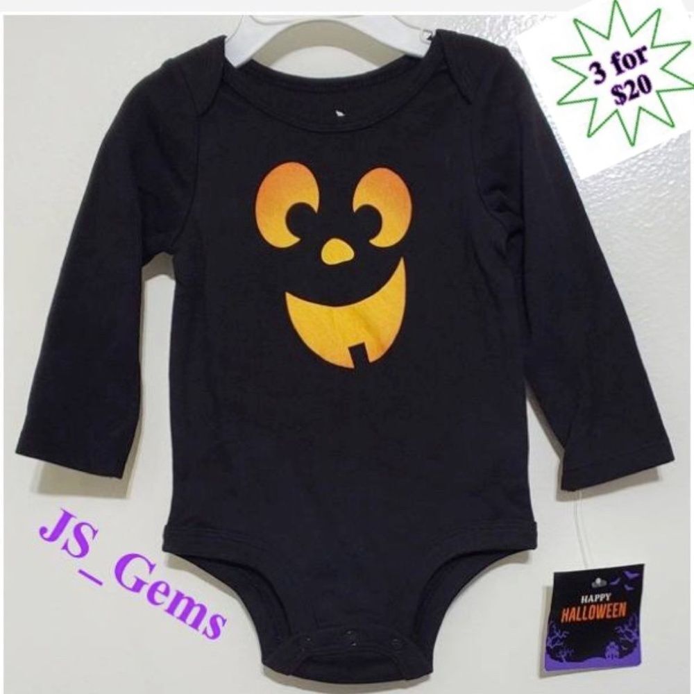 New Baby Onesie Pumpkin Long Sleeve Black With Orange Face